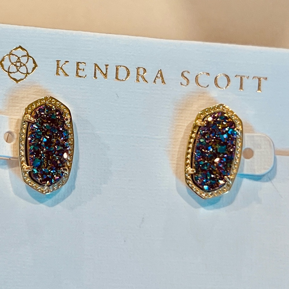 NWT Kendra Scott RARE & Retired Ellie Earrings Multi Colored Drusy Yellow Gold!